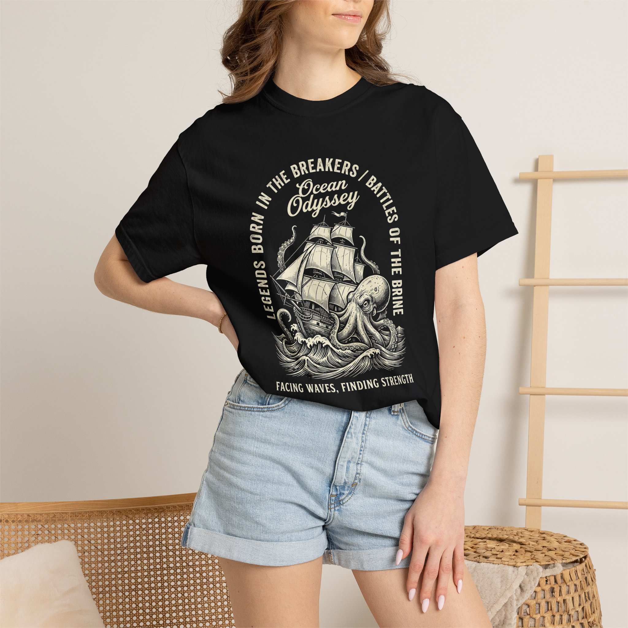 Ocean Odissey, Nautical Ship & Octopus Graphic T-Shirt - Image 4
