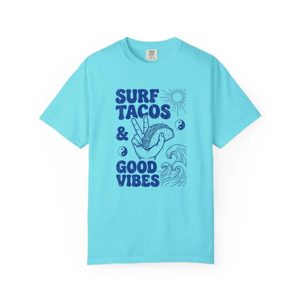 Surf, Tacos & Good Vibes T-Shirt — Beachy Retro Graphic Tee