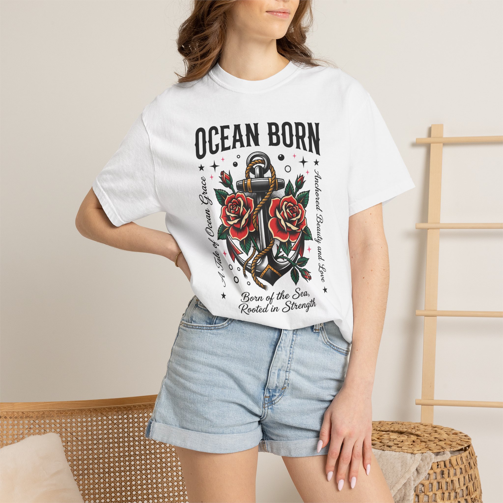Ocean Born Anchor T-Shirt — Nautical Anchor & Roses Graphic Tee - Image 4