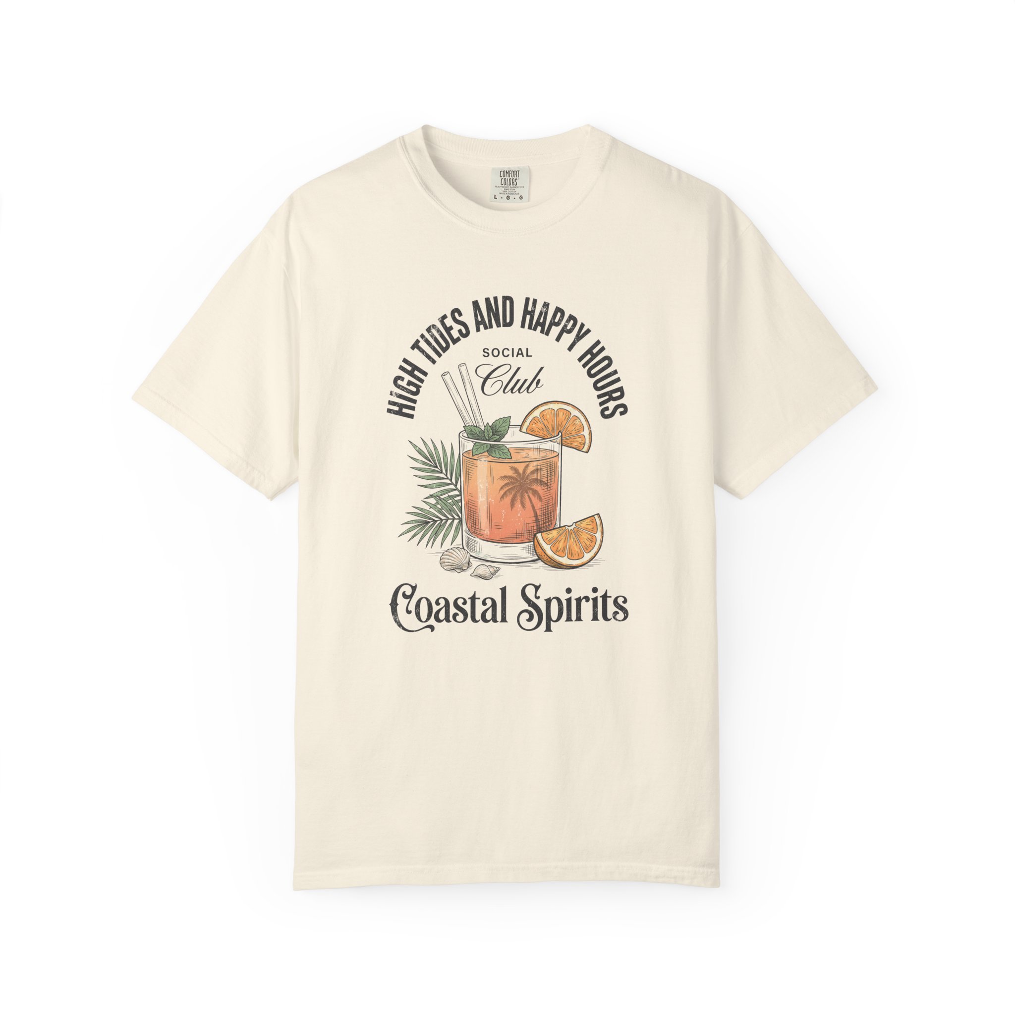 Coastal Spirits T-Shirt — "High Tides and Happy Hours" Tropical Cocktail Tee