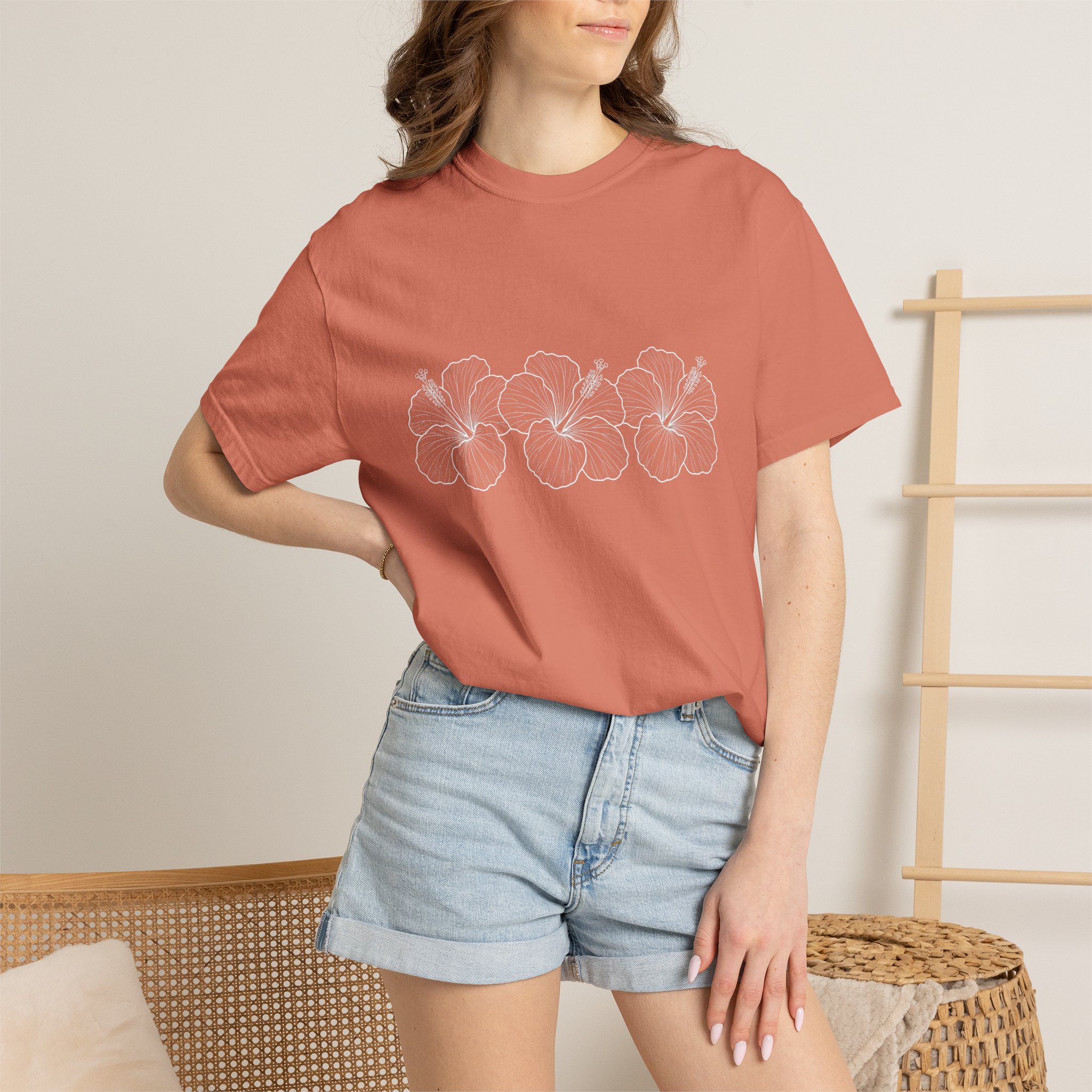 Blue Floral Line Art Tee — White Hibiscus Sketch Graphic T-Shirt - Image 4