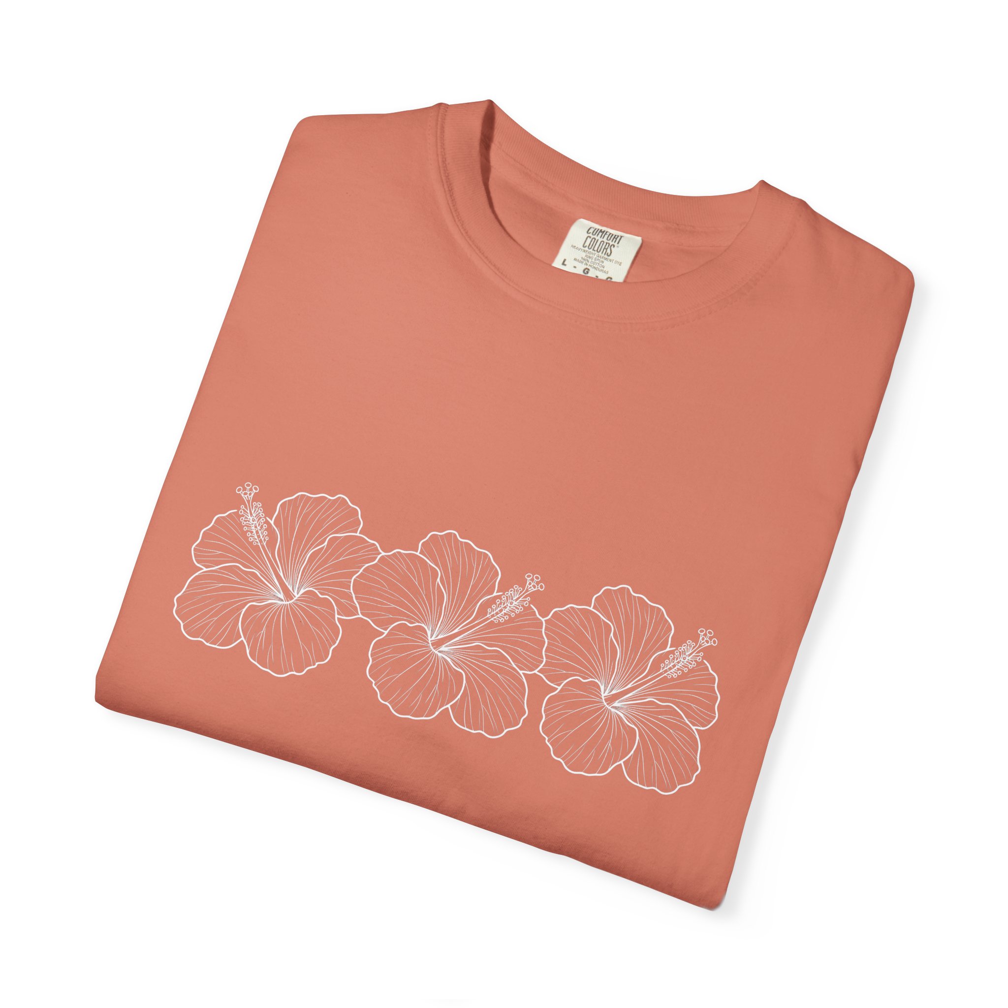 Blue Floral Line Art Tee — White Hibiscus Sketch Graphic T-Shirt - Image 3