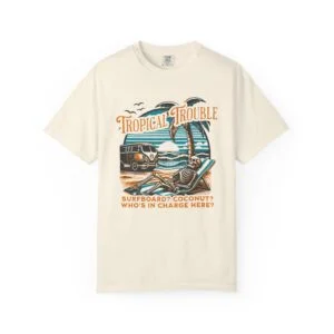 Tropical Trouble Surf Tee — Retro Beach Van & Coconut Surfboard Shirt