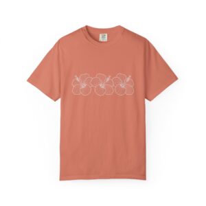 Blue Floral Line Art Tee — White Hibiscus Sketch Graphic T-Shirt