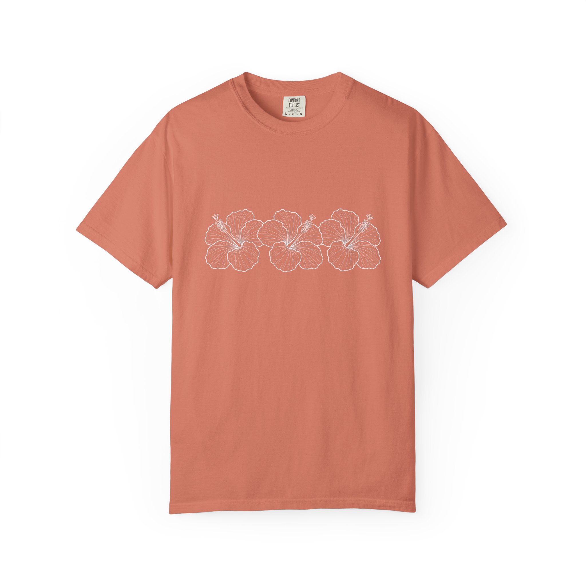 Blue Floral Line Art Tee — White Hibiscus Sketch Graphic T-Shirt