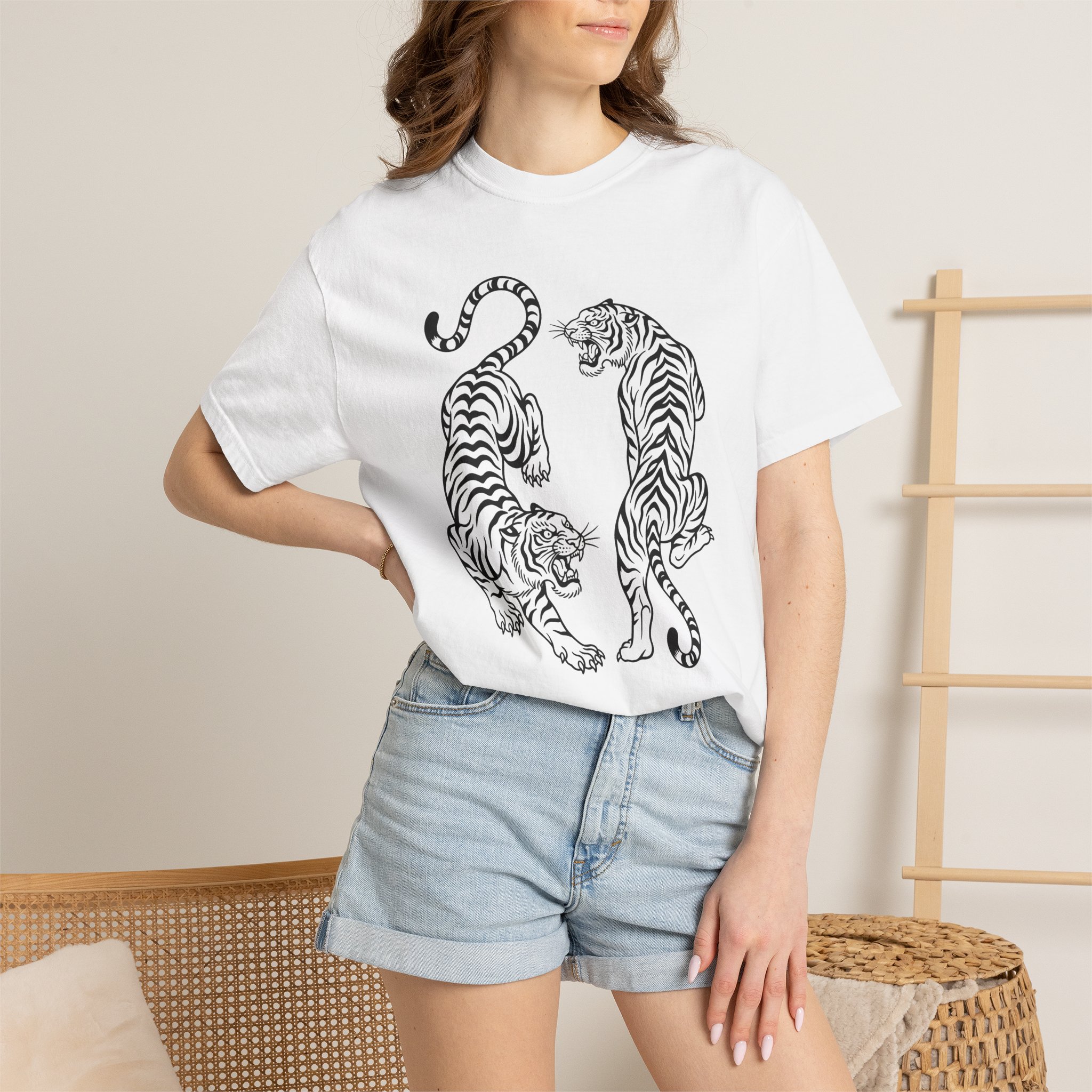 Tiger Duo Graphic Tee — Minimal Black Line Art Tigers - Image 4