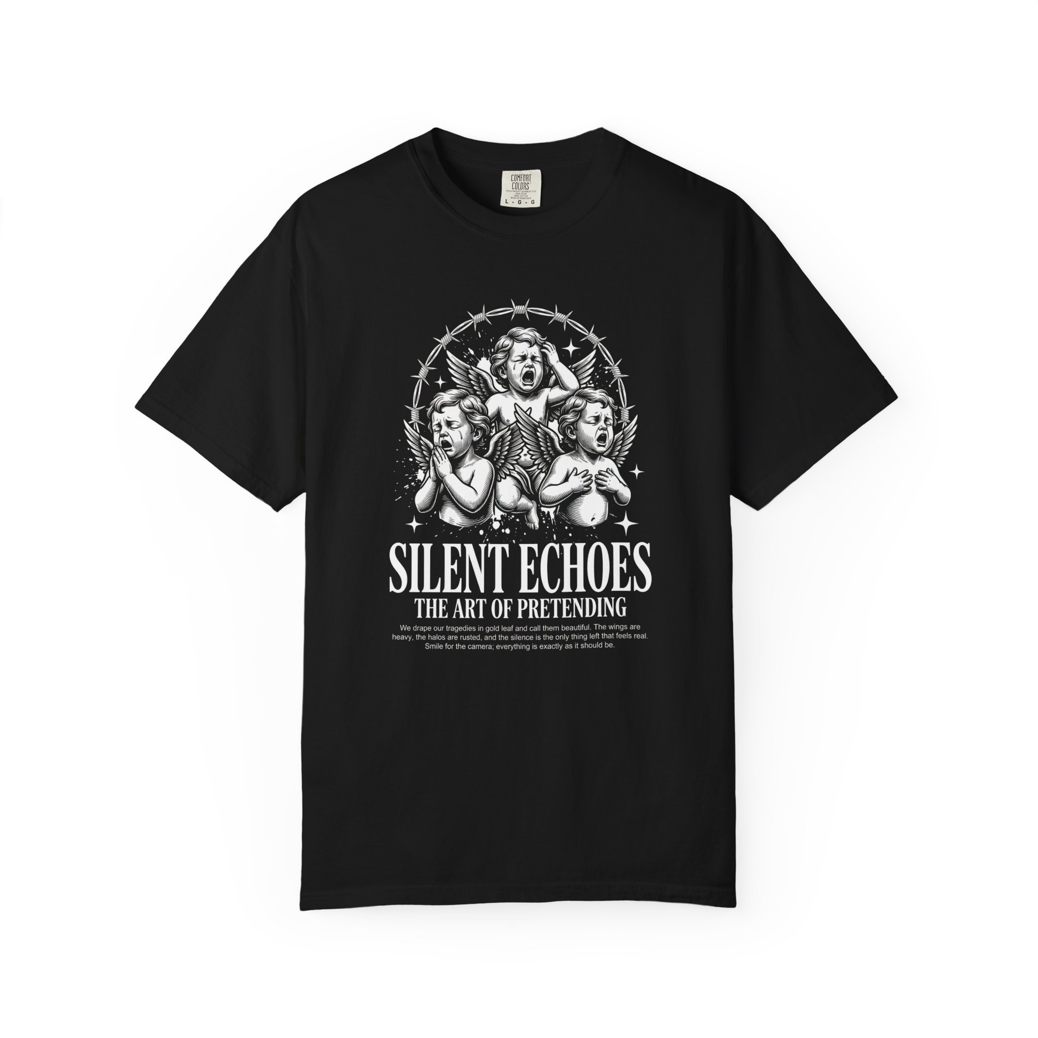 Silent Echoes Graphic Tee — 'The Art of Pretending' Gothic Cherub T-Shirt