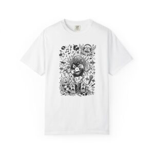 Music Chaos Graphic Tee — Black & White Doodle Monster Art T-Shirt