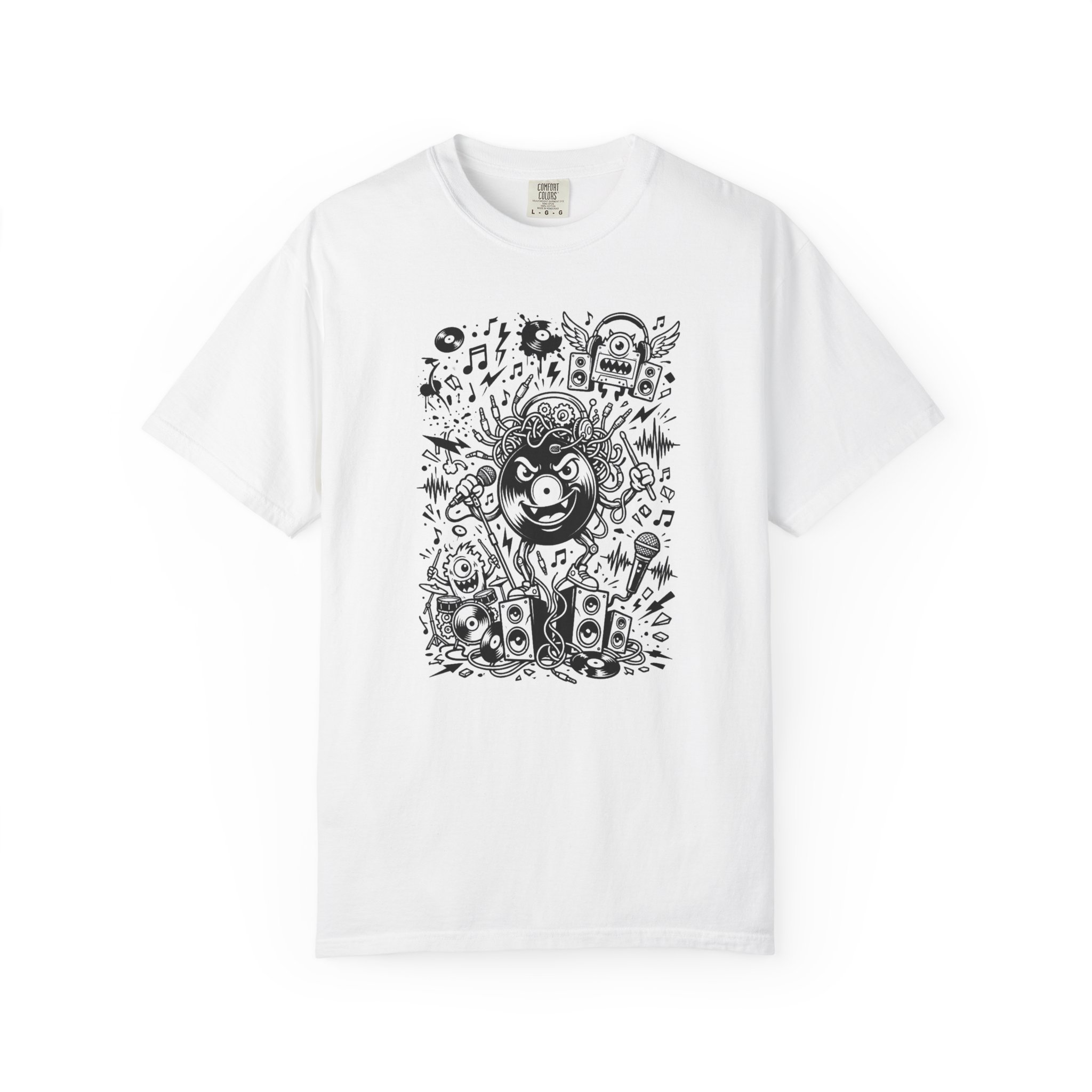 Music Chaos Graphic Tee — Black & White Doodle Monster Art T-Shirt