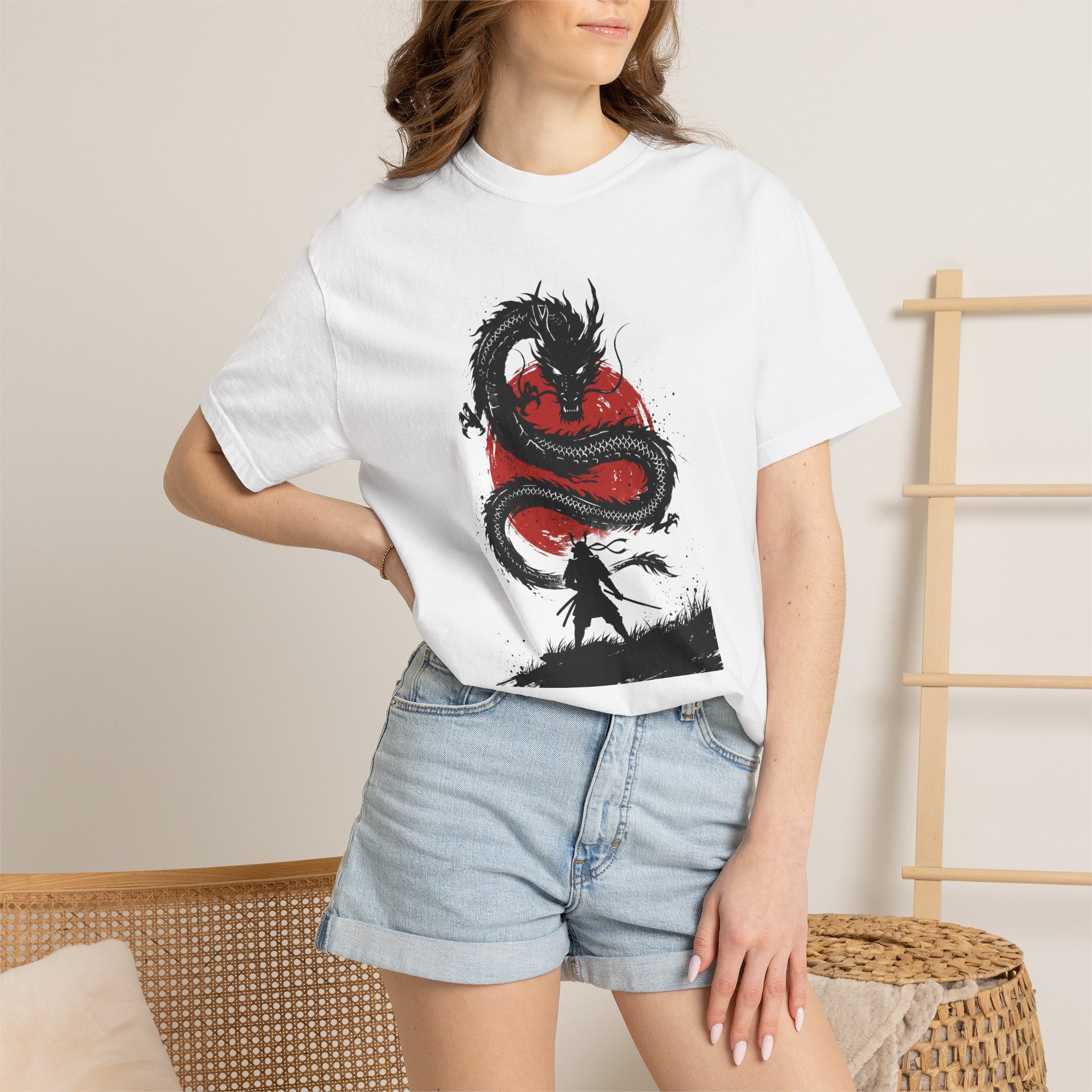 Samurai vs Dragon T-Shirt — Red Ink Brushstroke Graphic Tee - Image 4