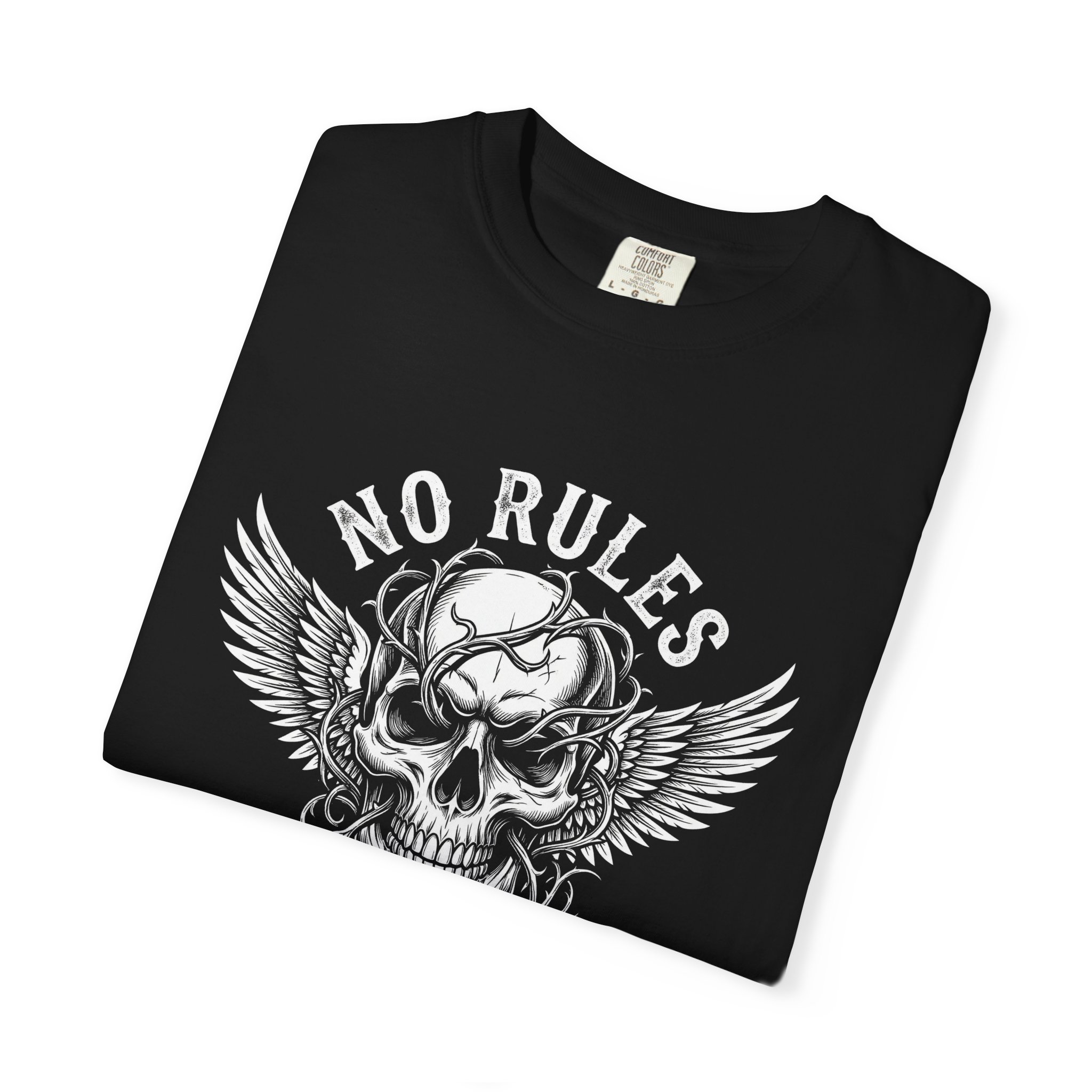 T-Shirt — 'No Rules No Regrets' Winged Skull Graphic Tee - Image 3