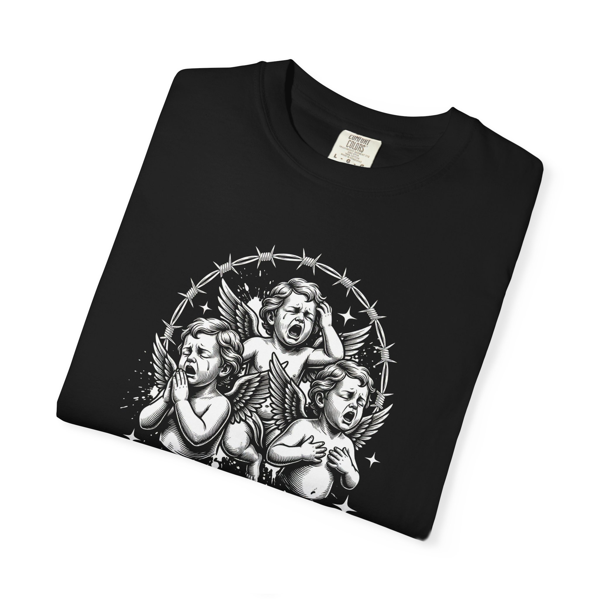 Silent Echoes Graphic Tee — 'The Art of Pretending' Gothic Cherub T-Shirt - Image 3