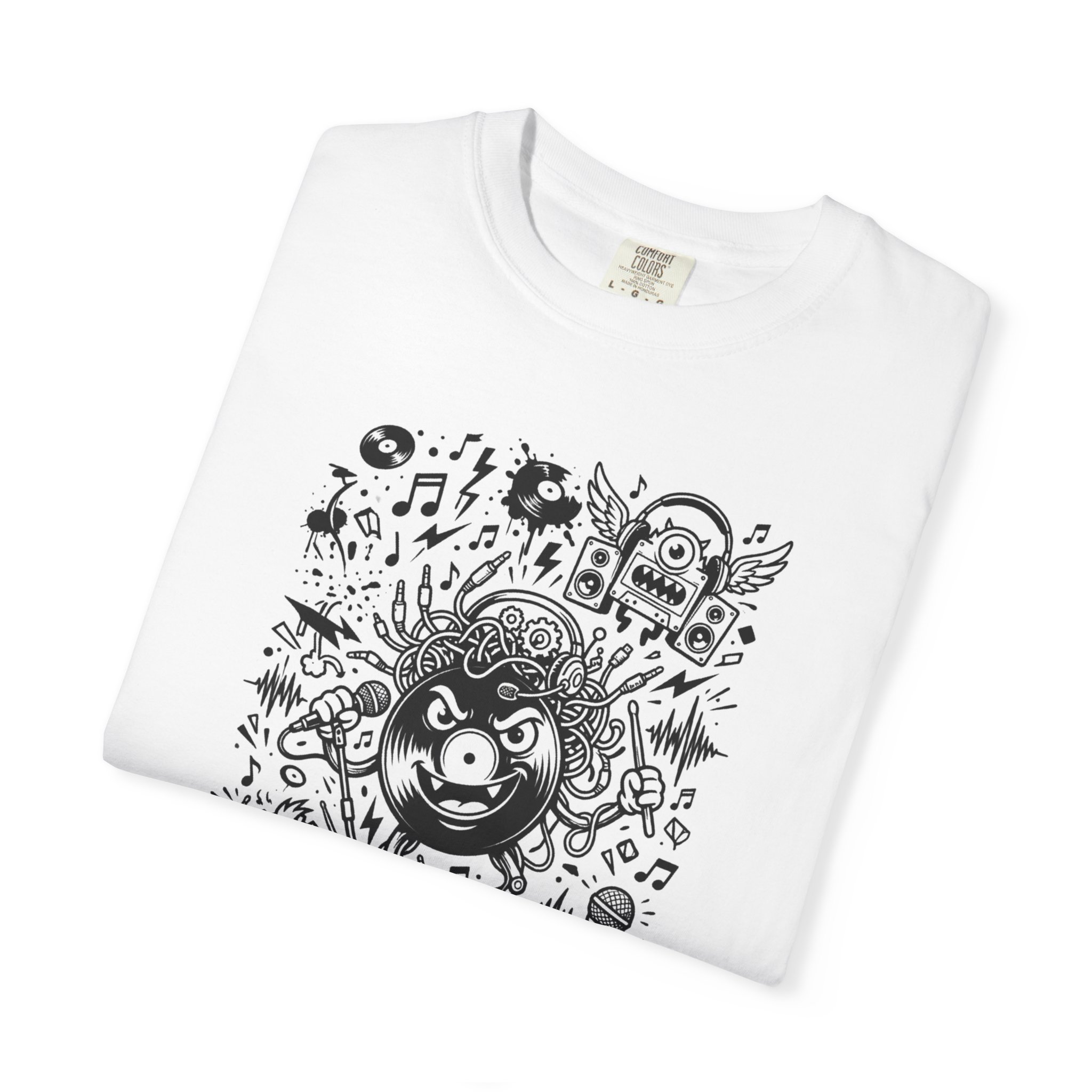 Music Chaos Graphic Tee — Black & White Doodle Monster Art T-Shirt - Image 3