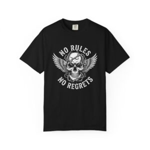 T-Shirt — 'No Rules No Regrets' Winged Skull Graphic Tee