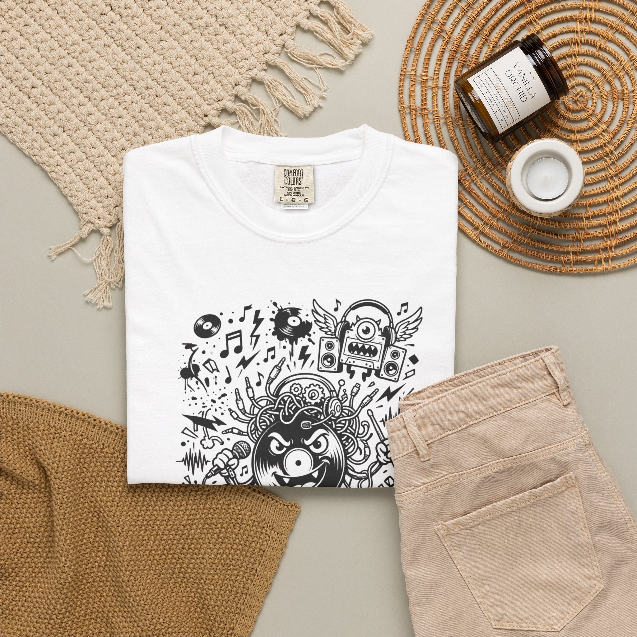 Music Chaos Graphic Tee — Black & White Doodle Monster Art T-Shirt - Image 4