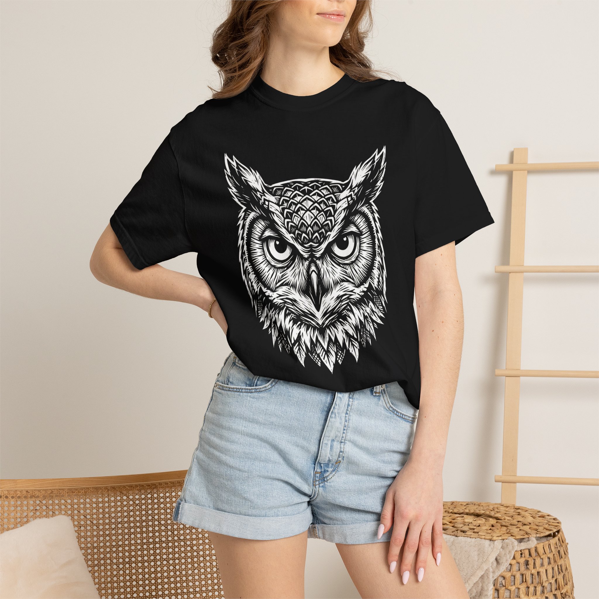 Owl Head Graphic Tee - Vintage Detailed Owl Illustration T-Shirt - Image 4