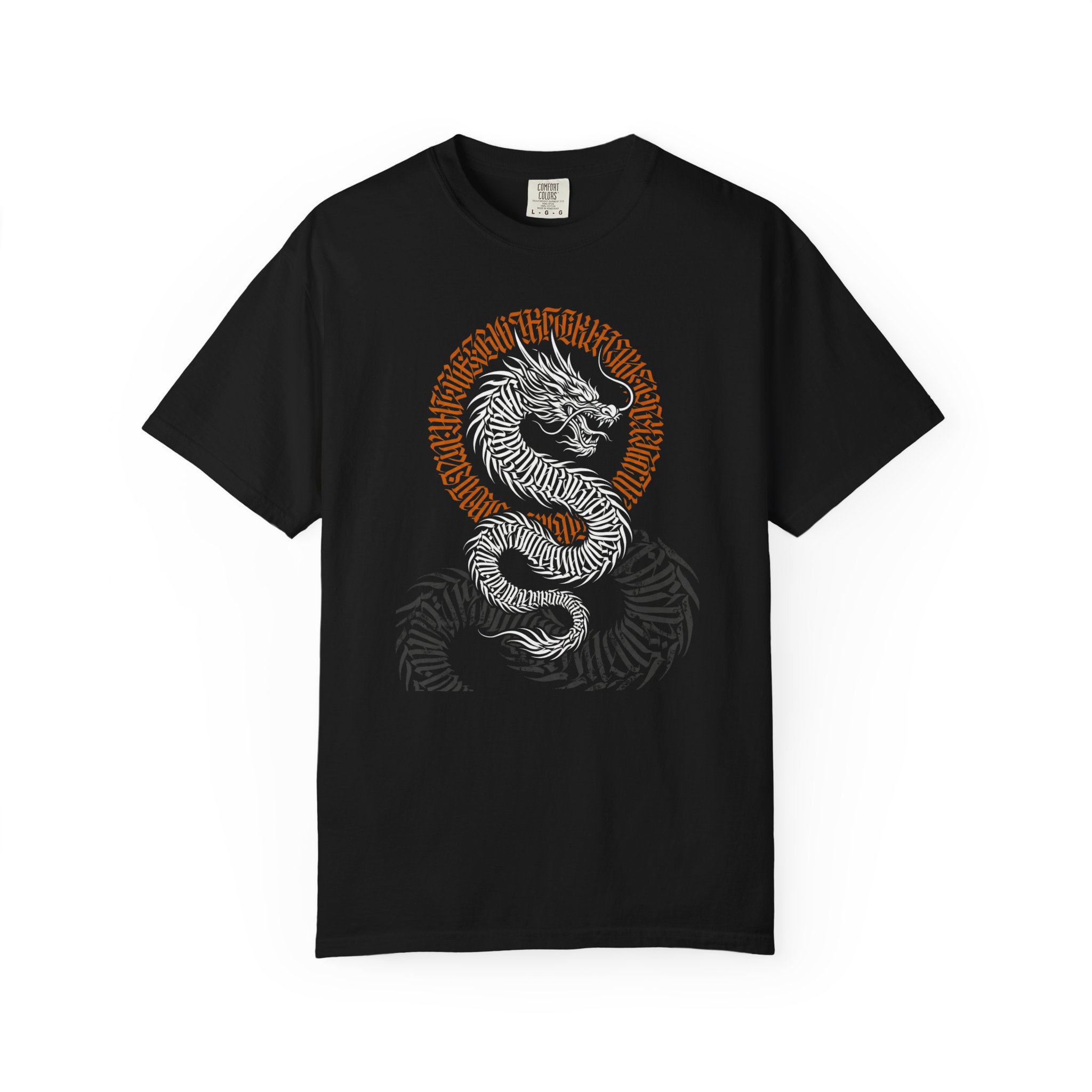 Dragon Circle T-Shirt — White Serpent Illustration on Black Tee