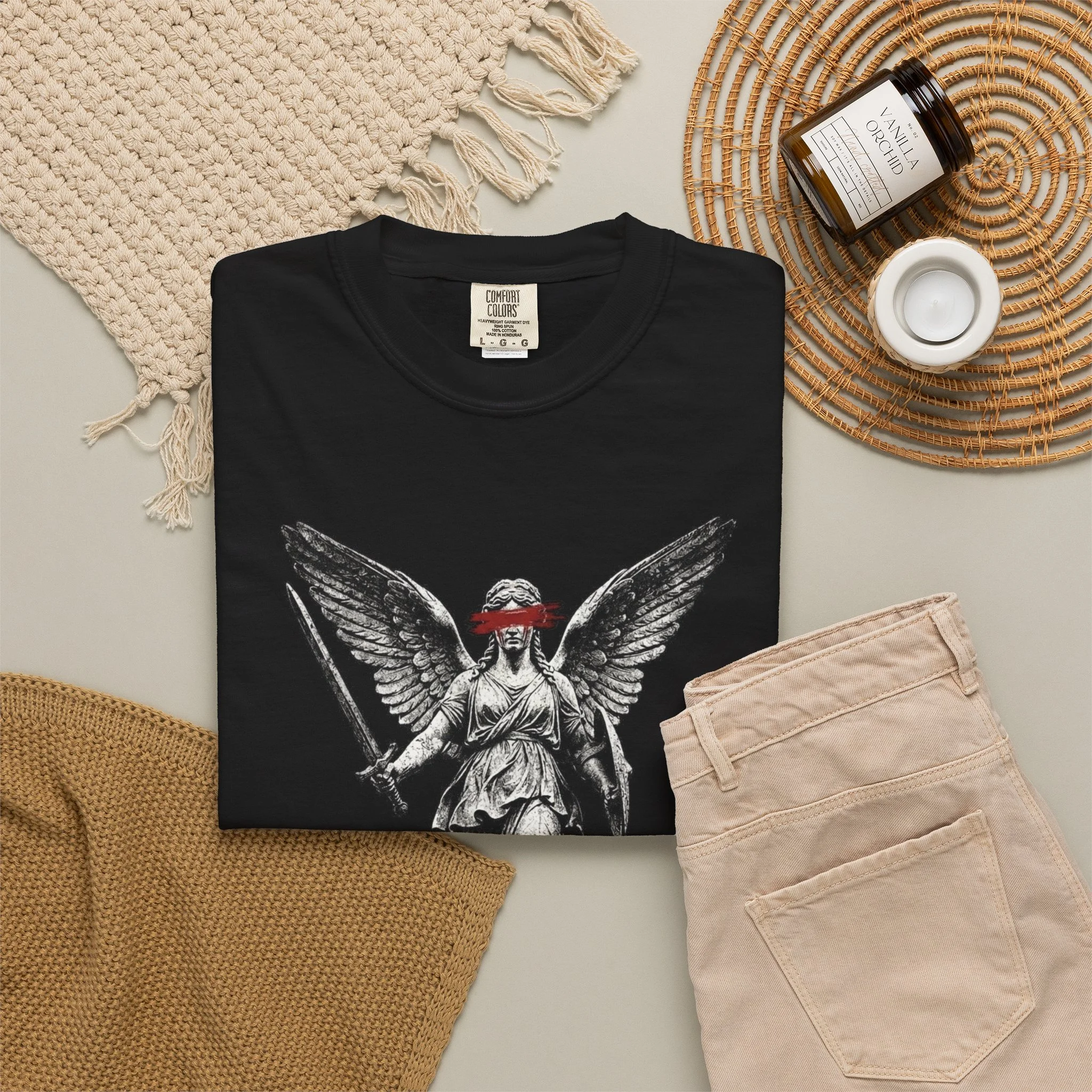 Chaos Angel T-Shirt — Gothic Statue Graphic Tee with Red Masked Angel - Image 4