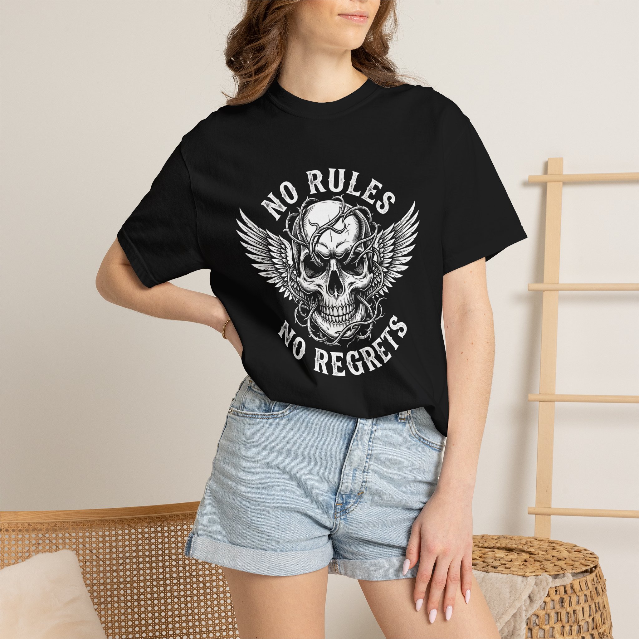 T-Shirt — 'No Rules No Regrets' Winged Skull Graphic Tee - Image 4
