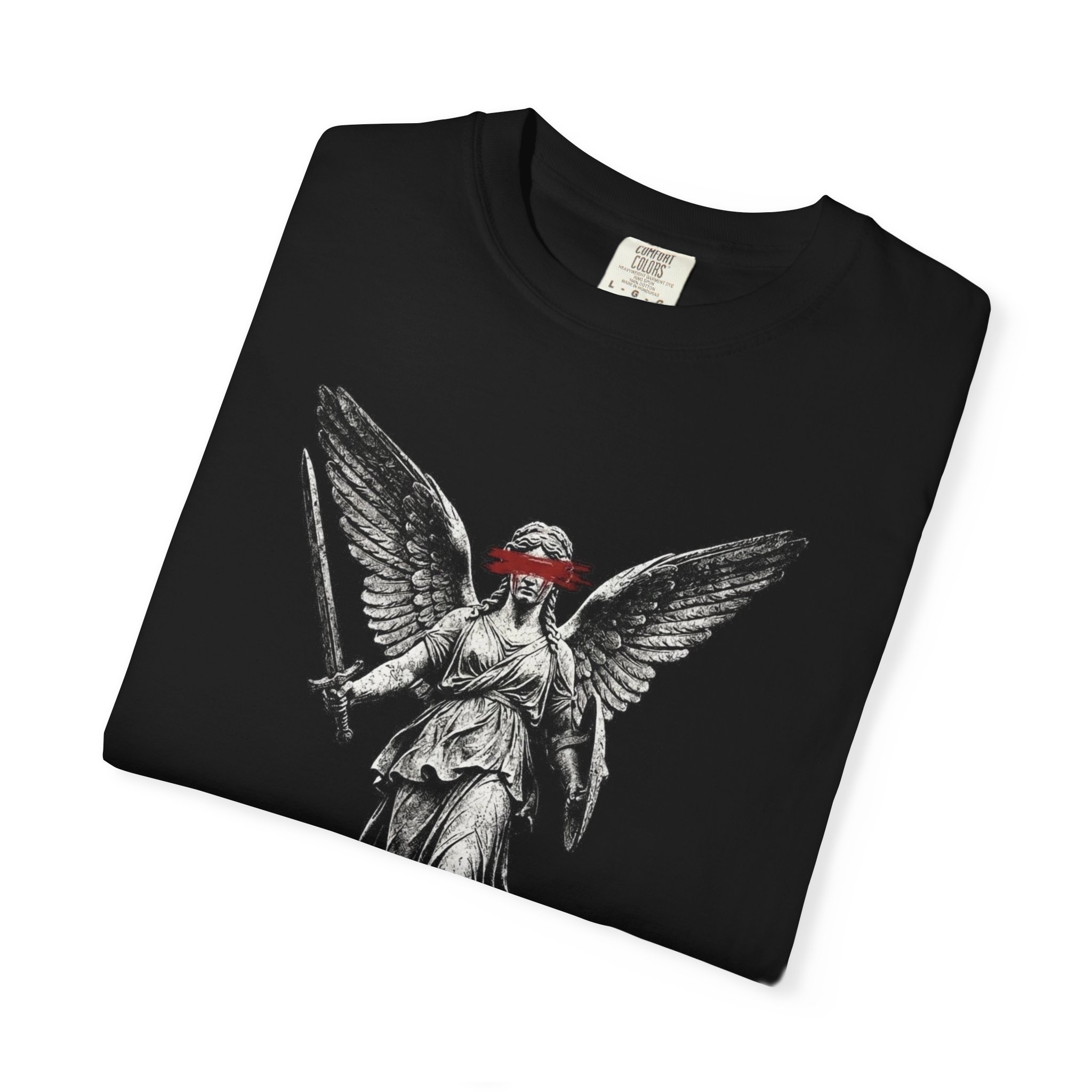 Chaos Angel T-Shirt — Gothic Statue Graphic Tee with Red Masked Angel - Image 3