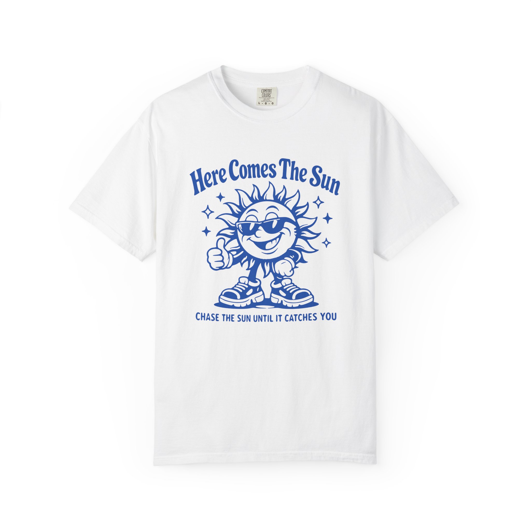 Tee — "Here Comes The Sun" Retro Smiling Sun Graphic Tee (Chase the Sun)
