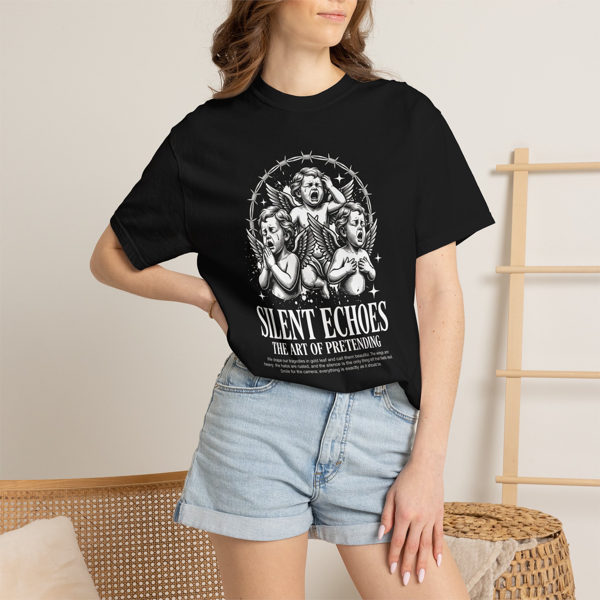 Silent Echoes Graphic Tee — 'The Art of Pretending' Gothic Cherub T-Shirt - Image 4