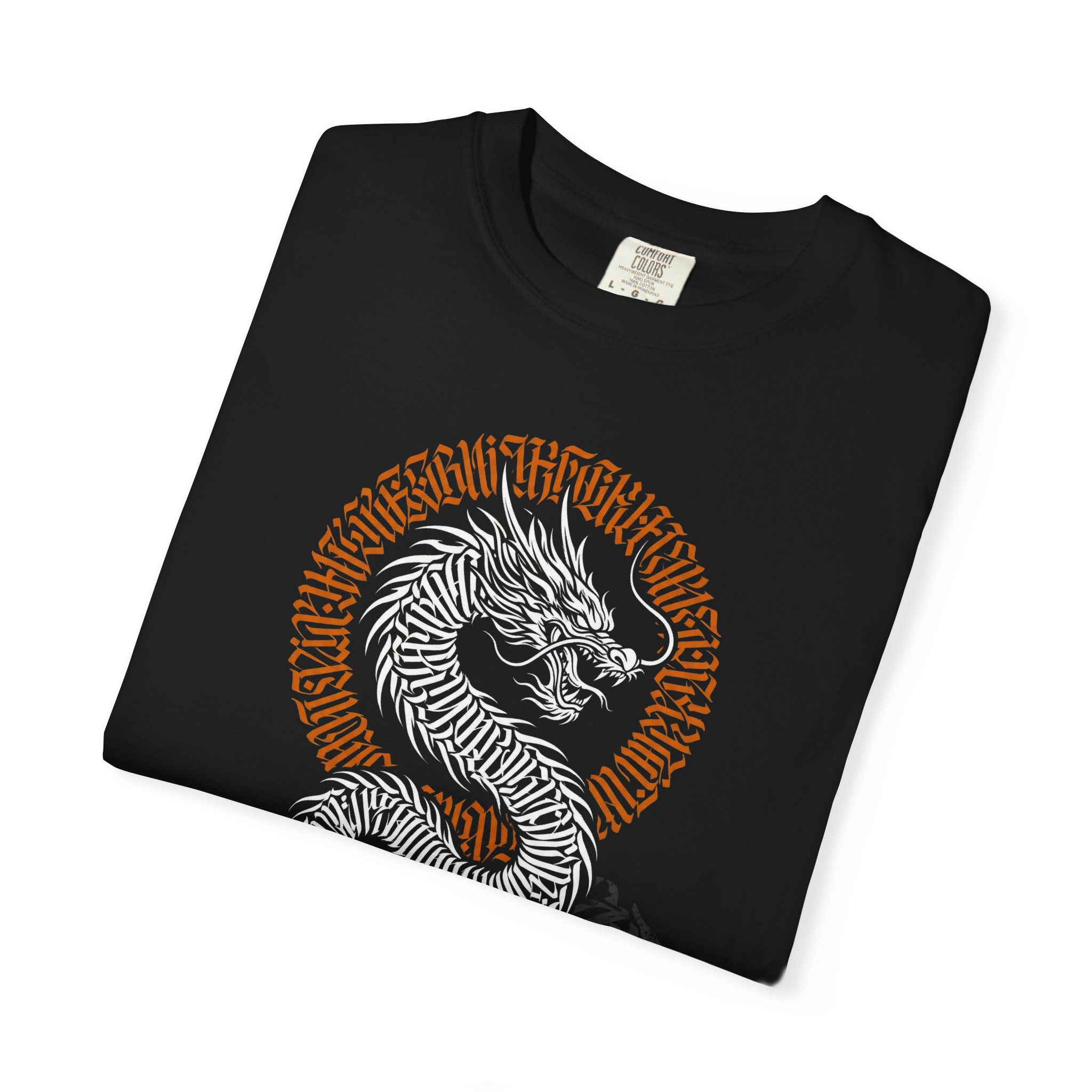 Dragon Circle T-Shirt — White Serpent Illustration on Black Tee - Image 3