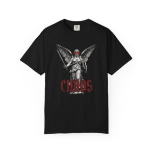 Chaos Angel T-Shirt — Gothic Statue Graphic Tee with Red Masked Angel