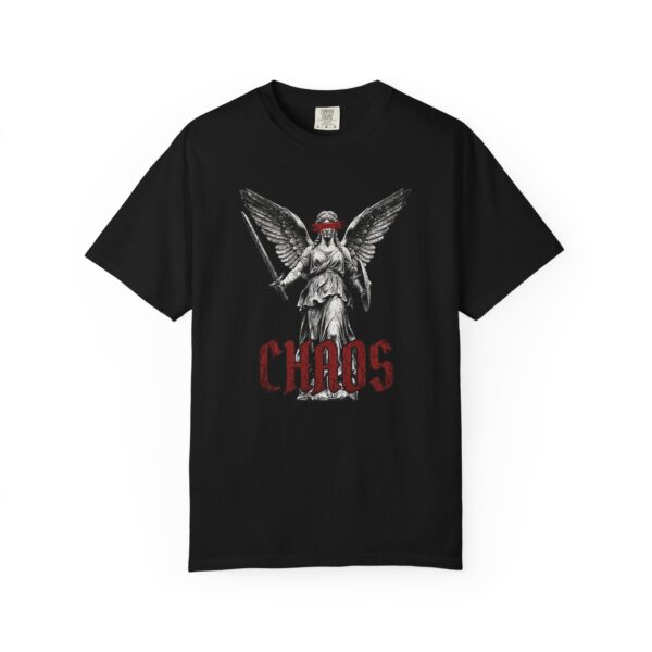 Chaos Angel T-Shirt — Gothic Statue Graphic Tee with Red Masked Angel