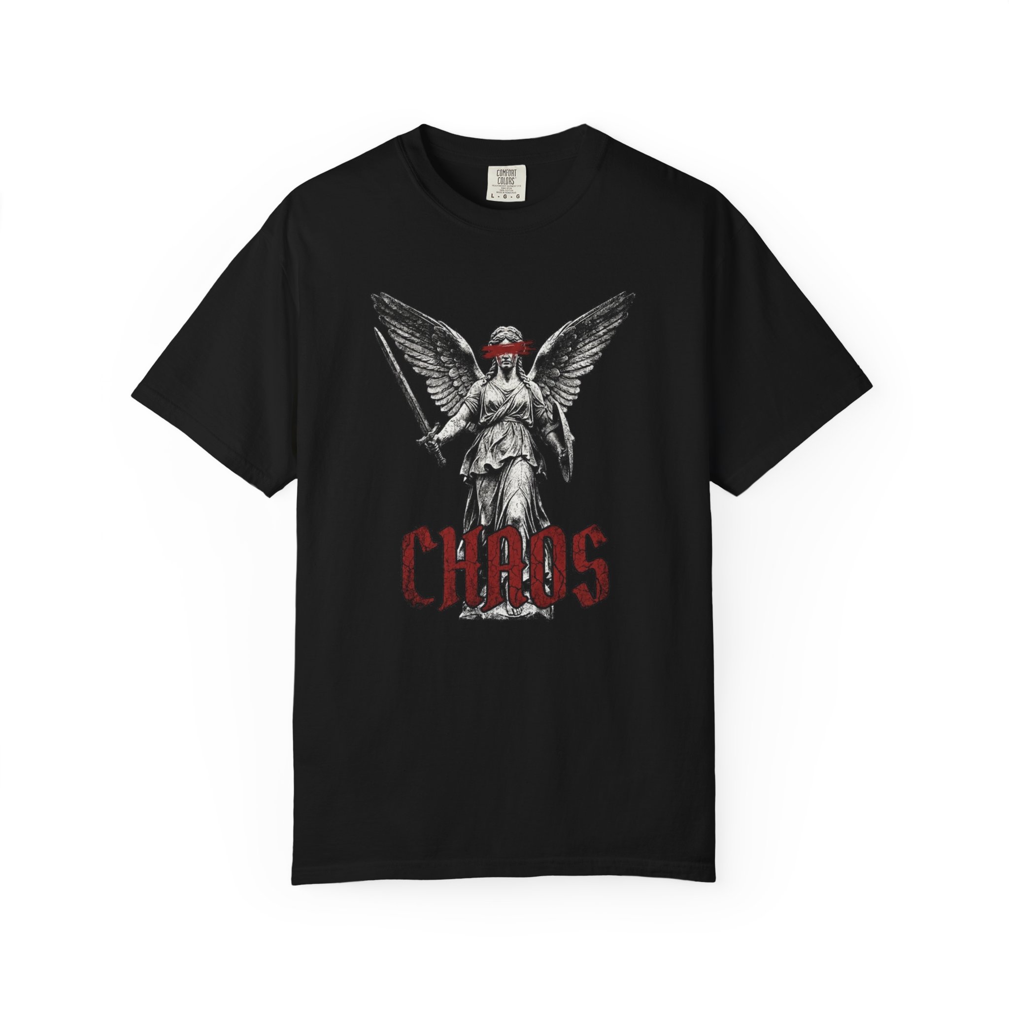 Chaos Angel T-Shirt — Gothic Statue Graphic Tee with Red Masked Angel