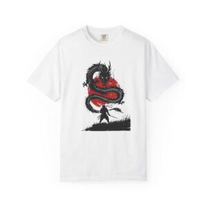 Samurai vs Dragon T-Shirt — Red Ink Brushstroke Graphic Tee