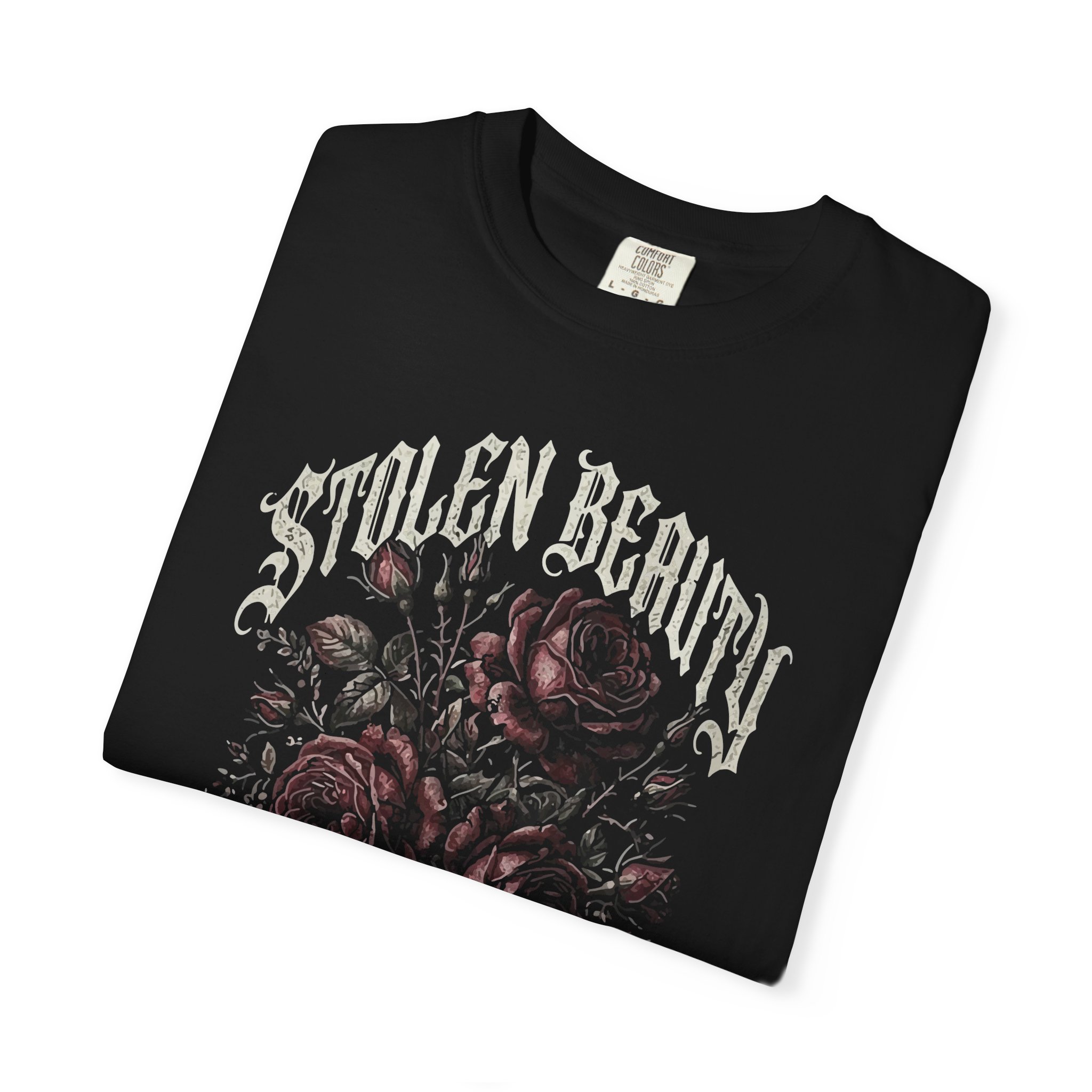 Stolen Beauty Floral Graphic Tee — Dark Vintage Rose Band Shirt - Image 3