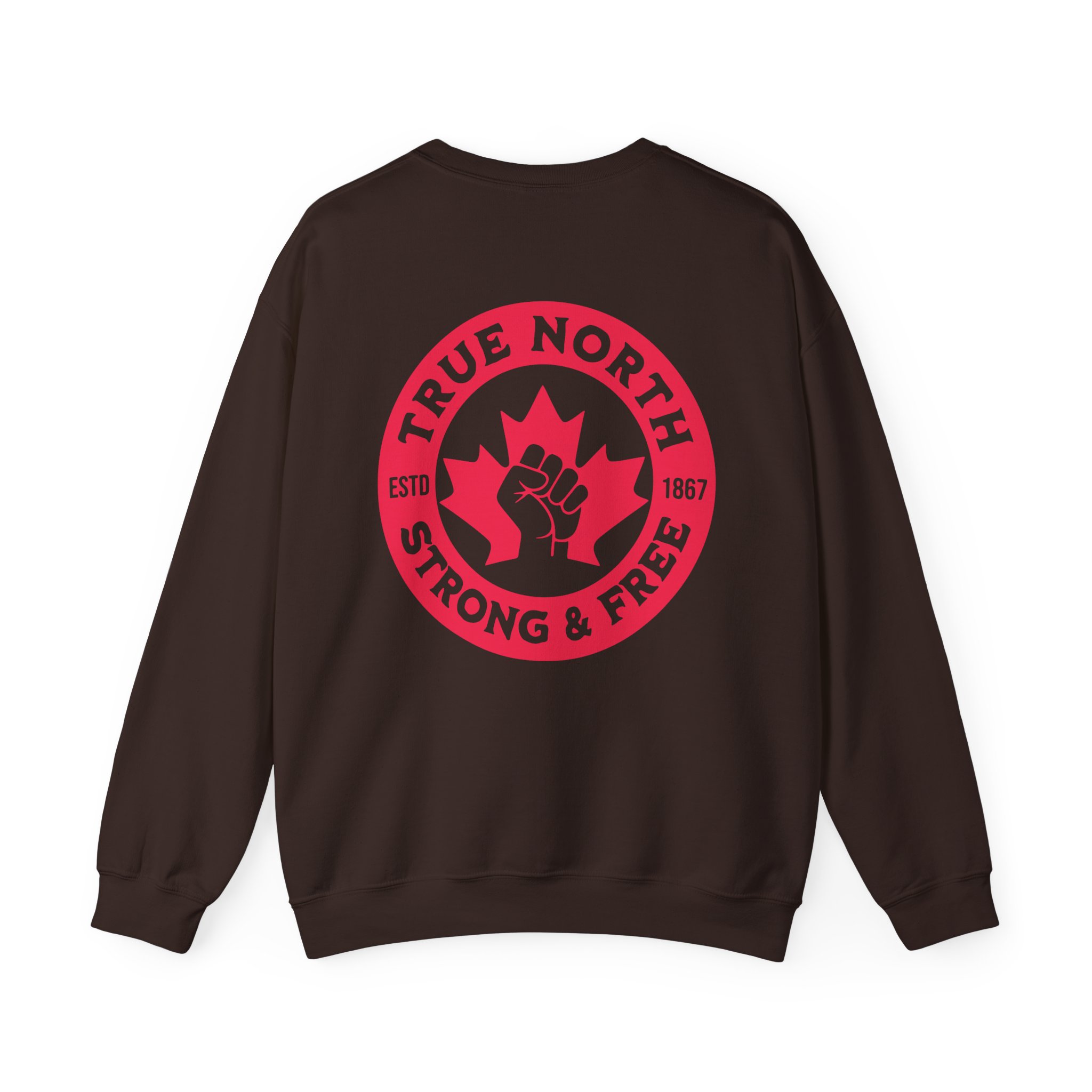 True North Crewneck Sweatshirt – 'True North Strong & Free' Canadian Maple Fist Design - Image 2