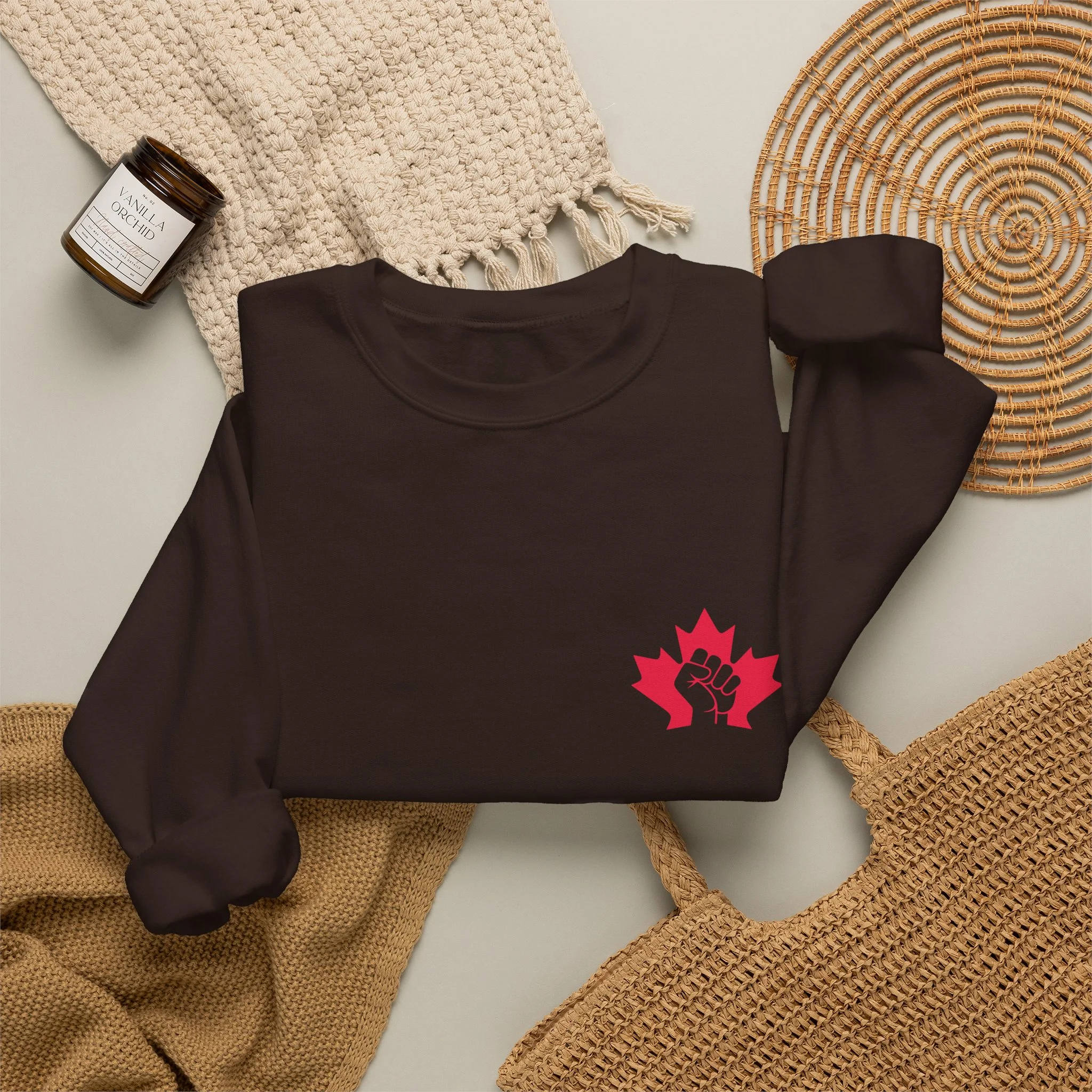 True North Crewneck Sweatshirt – 'True North Strong & Free' Canadian Maple Fist Design - Image 4
